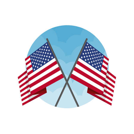 Two crossed United States USA national flag on isolated white background. Waving American Flag in flat style. Vector illustration.のイラスト素材
