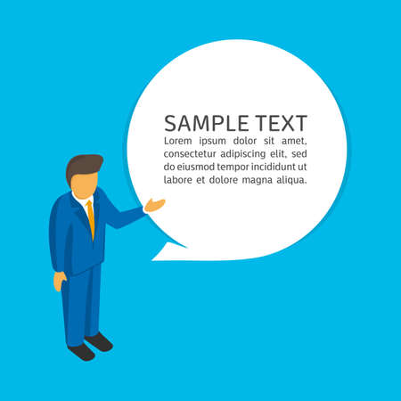 Businessman with speech bubble. Man talking, expresses his thoughts. Advertising, presentations, brochures, blogs, documents and forms concept. Vector illustration EPS 10.のイラスト素材