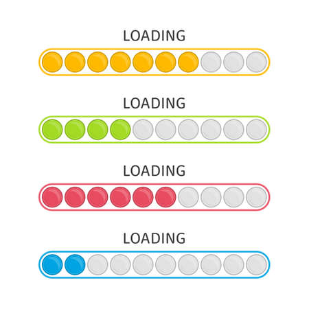 Loading bar element icon set. Vector illustration of download timer different colors. Progress upload, web design template. Concept of users completion indicator.のイラスト素材