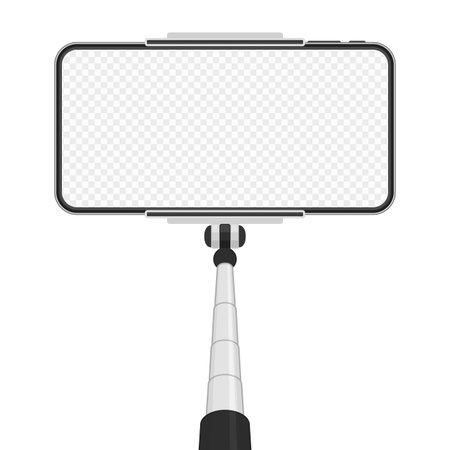 Smartphone with empty screen on monopod isolated on transparent background. Selfie photographic on mobile phone concept. Self portrait mockup. Modern gadget with stick for photo illustration. EPS 10.のイラスト素材