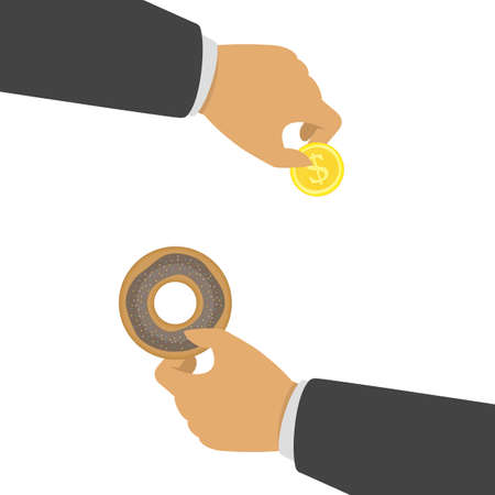 Hand holding a donut. Donuts in mans hands. Buying donut concept. Vector EPS 10.のイラスト素材