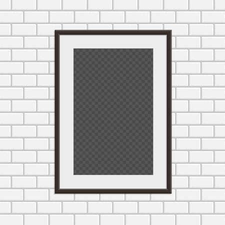 Realistic black frame on white brick wall. Modern template for your presentations. Dark Wooden Frame with white copy space. Vector illustration EPS 10.のイラスト素材