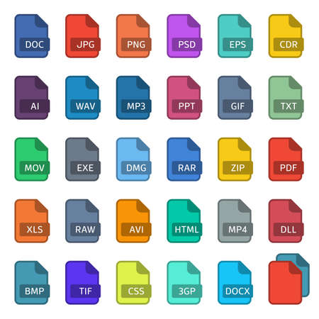 Set of simple file type in flat style. File extensions illustration. Files type and document types. Popular file formats sign isolated from the background.のイラスト素材