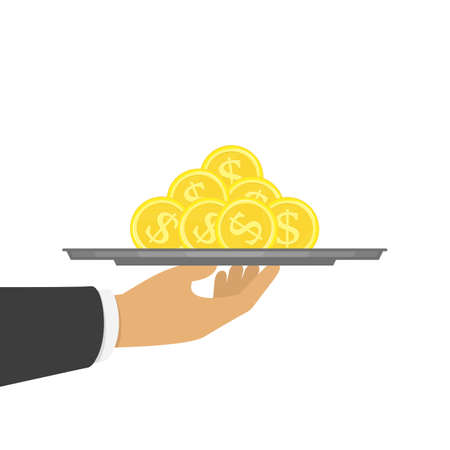 Hand holding tray with big pile of gold coins. Bank gives a loan credit, mortgage or installment concept. Vector illustration in modern flat style. EPS 10.のイラスト素材