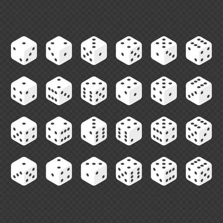 24 isometric dice. Twenty-four variants white game cubes isolated on transparent background. All possible turns authentic collection icons in realistic style. Gambling concept. Vector illustration EPSのイラスト素材