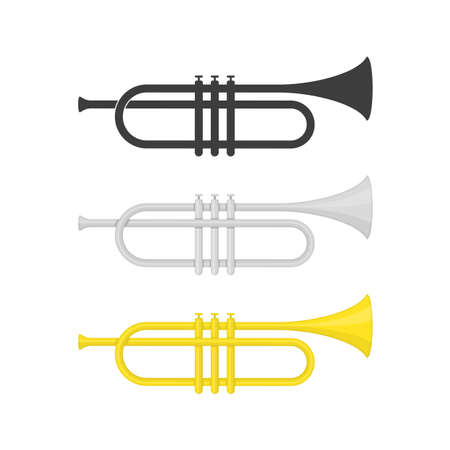 Brass trumpet icon set. Philharmonic orchestra device isolated on white background. Wind musical instrument concept. Vector illustration EPS 10.のイラスト素材