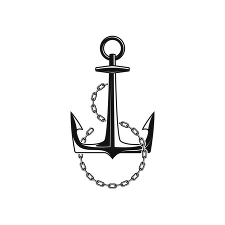 Nautical Anchor with chain links, isolated white background. Ship anchor, vintage icon. Vector illustration for marine and heraldry design. EPS 10.のイラスト素材