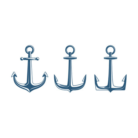 Nautical Anchor set isolated white background. Vintage sea anchors collection. Ship anchor, vintage icon. Premium collection. Vector illustration for marine and heraldry design. EPS 10.のイラスト素材