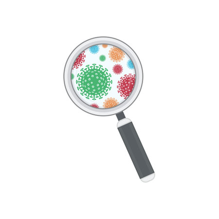 Magnifier, researching germs, bacteria or viruses. Viruses visible with magnifier glass. Coronavirus...
