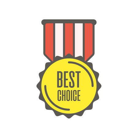 Gold label or badge with the inscription best choice. Promo stickers with ribbon and text. Award Badge icon in flat style. Vector illustration EPS 10.のイラスト素材