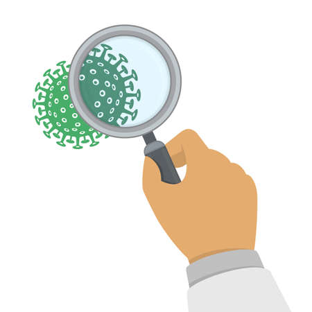 Doctor hand holding magnifier, researching germs, bacteria or viruses. Viruses visible with magnifier glass. Coronavirus COVID-19 infection under a magnifying glass. Vector illustration EPS 10.のイラスト素材