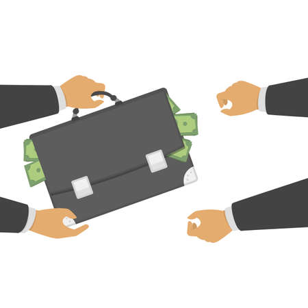Businessman giving bag of dollars to another hand. Man give money, receiving money, salary, or bribe concept. Holding briefcase with banknotes. Vector illustration EPS 10.のイラスト素材