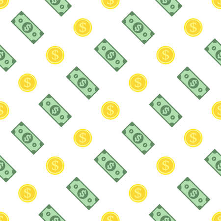 Gold coins and green dollar seamless background. Golden dollar textures. Money and finance pattern. Vector illustration. EPS 10.のイラスト素材