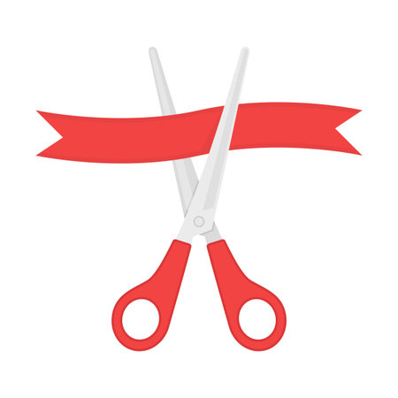 Grand opening celebrities illustration. Scissors cutting a red ribbon. Concept of Opening shops. Vector illustration in flat style.のイラスト素材