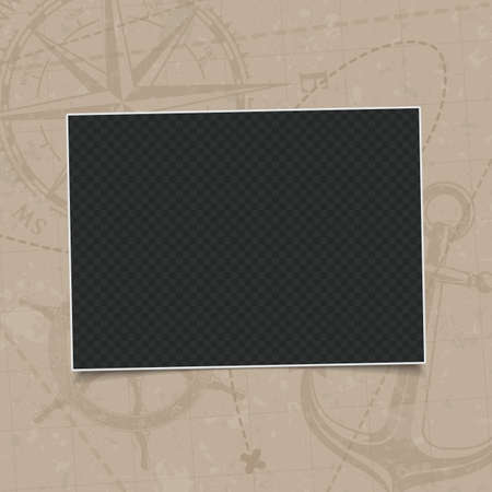 Retro photo frame isolated on vintage background old navigation map with wind rose, the steering wheel and anchor. Photos for your picture. Realistic design framework. Vector illustration.のイラスト素材