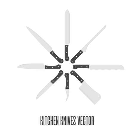 Kitchen knives collection in flat style. Set of butcher meat knives for butcher shop and design butcher themes. Vector illustration EPS 10.のイラスト素材