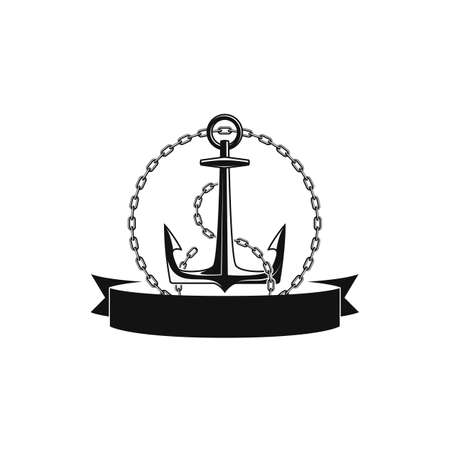 Nautical Anchor with chain and ribbon for your text. Vintage label, emblem template on marine theme. Ship anchor icon isolated on white background.のイラスト素材