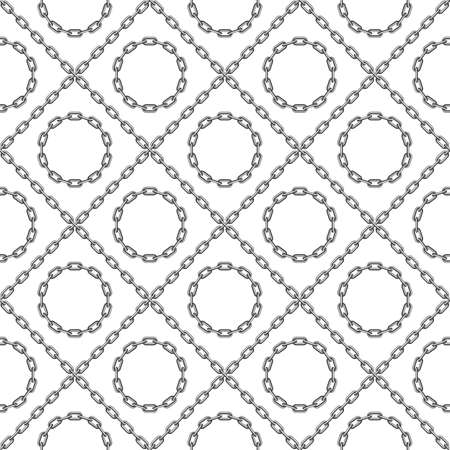 Iron chain pattern. Black and white Chain seamless background. Diagonal and round chains links texture. Geometric backdrop. Vector illustration.のイラスト素材