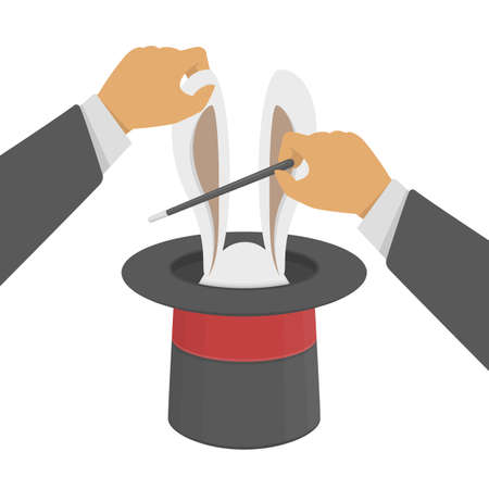Magic hat and wand with rabbit. Focus, illusion, legerdemain and tricks concept. Vector illustration in flat style.のイラスト素材