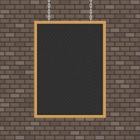 Menu Black Board. Chalkboard template menu for restaurant. Blackboard on chains, with place for your text. Wooden banner isolated on brick wall. Vector illustration.のイラスト素材