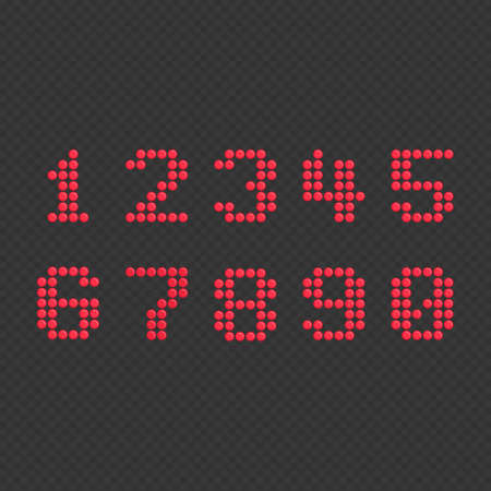 Calculator digital numbers set. Modern electronic figures isolated on black background. Bright Numbers template. Electronic figures. LED display timer. Light red dial isolated on a black background.のイラスト素材