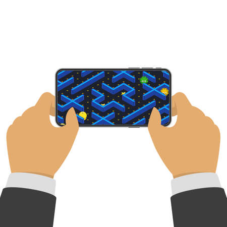 Mobile gaming concept, flat design. Man holding smartphone and playing in retro game. Vector illustration.のイラスト素材