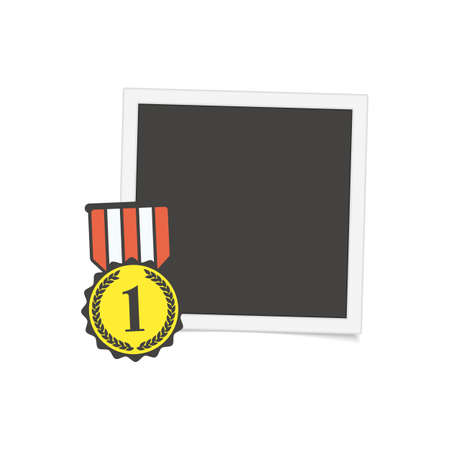 Vector photo frame template with medal of winner. Blank photograph, gold award with red ribbon isolated on white background. Concept of an award of the winner.のイラスト素材