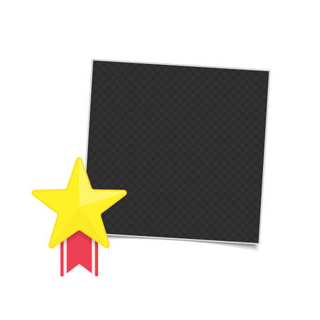 Vector photo frame template with medal of winner. Blank photograph, gold award with red ribbon isolated on white background. Concept of an award of the winner.のイラスト素材
