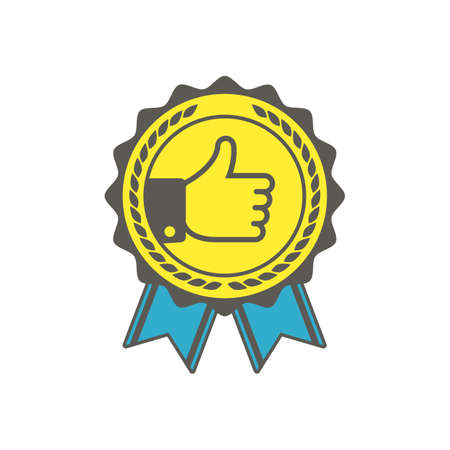 Gold label with thumb up. Best choice emblem with blue ribbon. Premium quality badge. Vector illustration.のイラスト素材