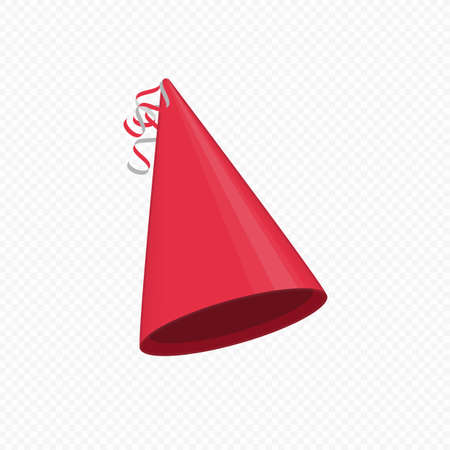 Red party hat isolated on transparent background. Accessory, symbol of the holiday. Birthday Colorful Cap vector illustration. EPS 10.のイラスト素材