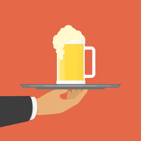Man hand with beers on serving tray. Waiter with glasses of beers and tray on outstretched arm. Concept of food delivery, salver, customer service equipment or presentation. Vector EPS 10.のイラスト素材