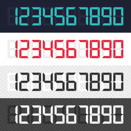 Calculator digital numbers set. Modern electronic figures isolated on black background. Bright Numbers template. Vector illustration EPS 10.のイラスト素材