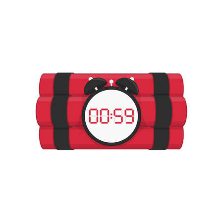 Red dynamite with digital timer. Bomb explosion with clock detonate and wire. Destruction and terror concept. Dangerous pyrotechnic equipment. Vector illustration in flat style.のイラスト素材