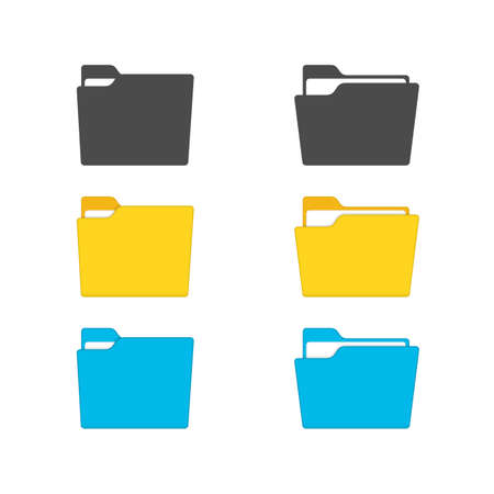 Folder icons set, isolated on white background. Open and close yellow folders with documents. Modern flat design vector illustration concept for web banners, web and mobile app, websites, infographic.のイラスト素材