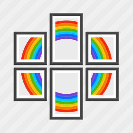 Set of wooden frames with rainbow. Wooden square picture frames of colorful set for your web design. Abstract colorful picture frames on vintage background. Vector set of color photo frames on the walのイラスト素材