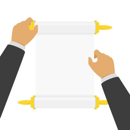 Blank paper scroll in hands of man. Hand of Businessman holding vintage parchment. Ancient manuscript template with place for your text. Vector illustration in flat style. EPS 10.のイラスト素材