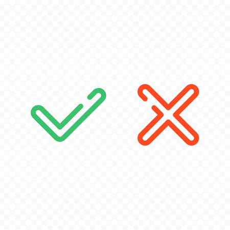 Thin line check mark icons set isolated on white background. Green tick and red cross checkmarks buttons in flat style. Yes or No confirm or reject signs. Vector illustration EPS 10.のイラスト素材