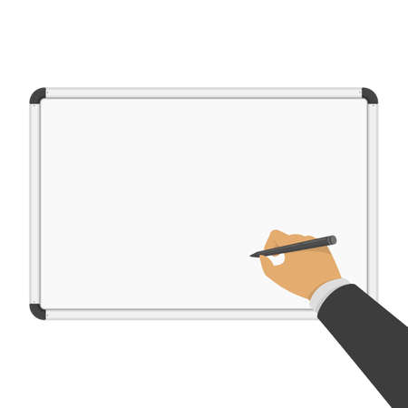 Hand holding white pen in front of blank school board. Blackboard with a hand writing. Education table.のイラスト素材
