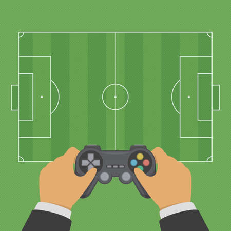 Soccer Field and gamepad in hand. Top view of football field. The standard layout of the playing area. Vector illustration EPS 10.のイラスト素材