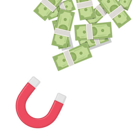 Magnet money. The magnet attracts coins. Concept of attracting investments or business success. Flat style. Vector illustration isolated on white background. Magnetic wealth power. EPS 10.のイラスト素材