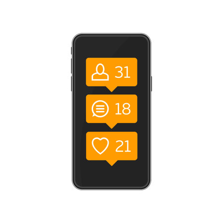 Smartphone and comment, like, follow icons in flat style. Social network icon pack on mobile phone...