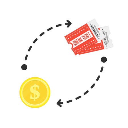 Buying ticket for money. Buy or selling tickets concept. Sale purchase transaction. Vector illustration in flat style. EPS 10.のイラスト素材
