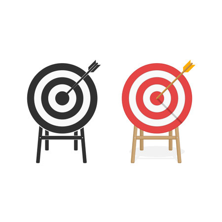 Target with arrow in center. Business concept. Icon isolated on background. Symbol of winning. Lucky shot vector illustration. Flat style. EPS 10.のイラスト素材