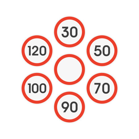 Traffic speed limit sign set isolated on white background. Limit of maximum speeds road signs. Realistic style. Vector illustration EPS 10.のイラスト素材
