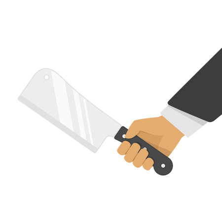 Kitchen cleaver in hand. Butcher blade, meat knife isolated on white background. Cooking equipment in flat style. Vector illustration EPS 10.のイラスト素材