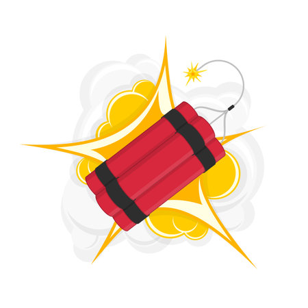 Explosion with dynamite. Cartoon effect boom, explode flash, bomb isolated on white background. Bomb explosion with detonate. Destruction and terror concept.のイラスト素材