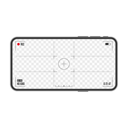 Camera frame viewfinder on smartphone screen isolated on transparent background. Viewfinder grid photo or video camera display. Recording Rec led blinked. Vector illustration EPS 10.のイラスト素材