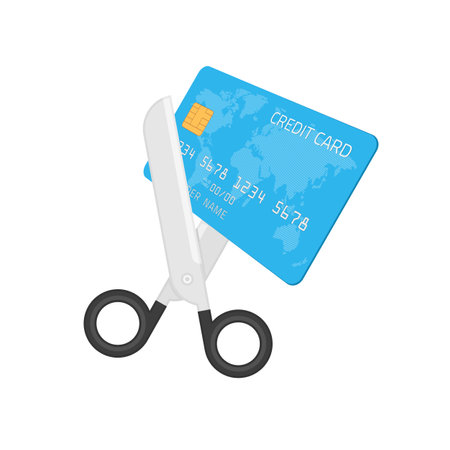 Scissors cutting credit card vector icon. Price , discount or cost reducing concept. Scissors and bank card price in half illustration. EPS 10.のイラスト素材