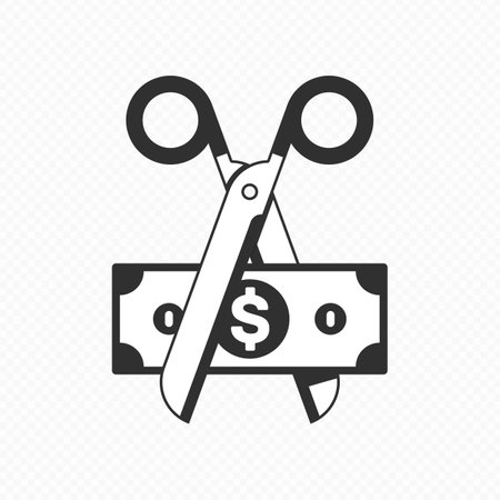 Scissors cutting money vector icon. Price , discount or cost reducing concept. Scissors and banknote, price in half illustration. EPS 10.のイラスト素材