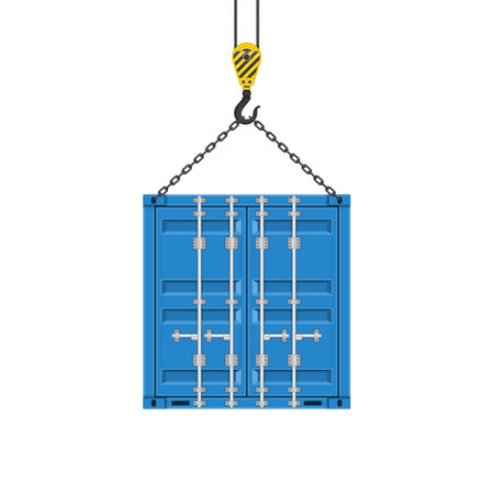 Freight shipping container hanging on crane hook.のイラスト素材